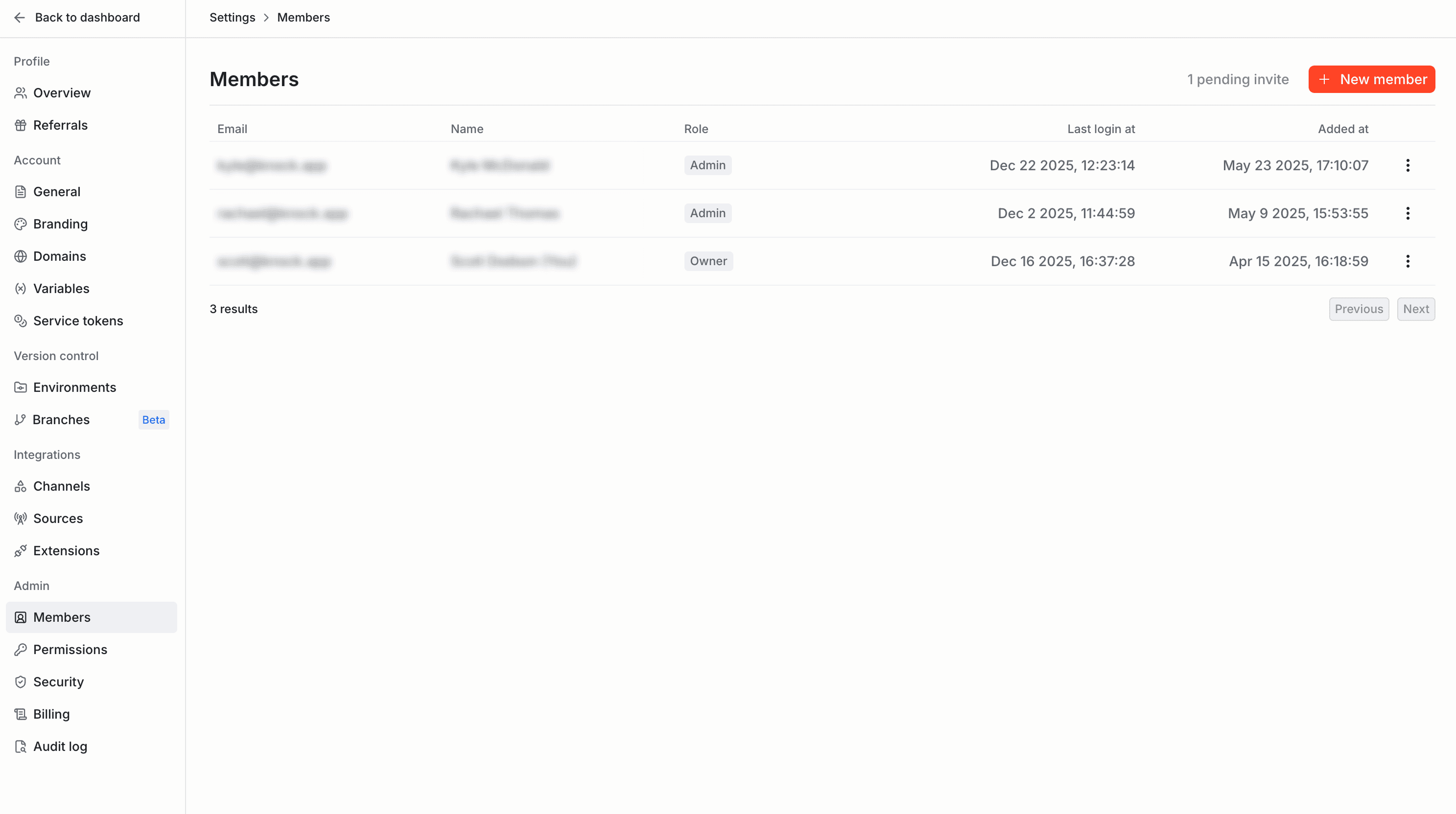 Managing account members in the dashboard